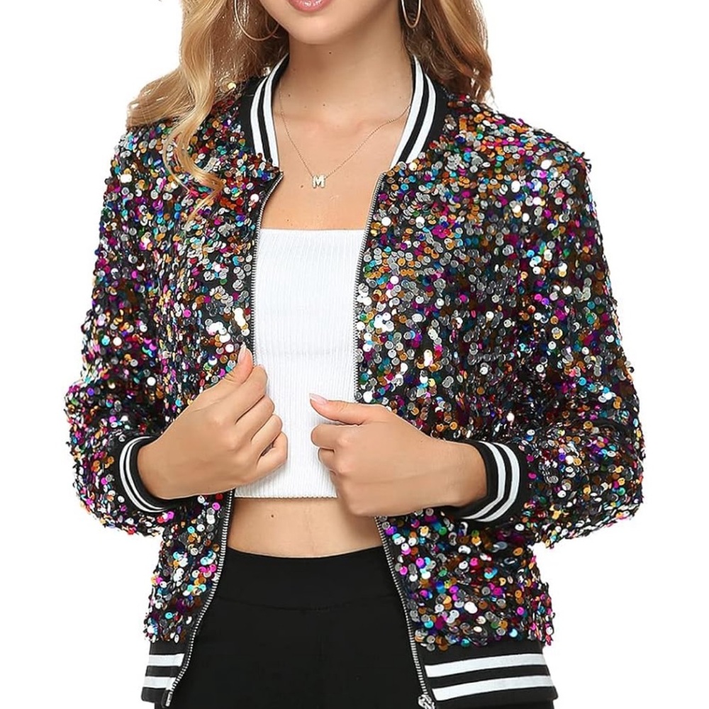 Women's Sequin Long Sleeve Front Zip Bomber Jacket with Ribbed Cuffs